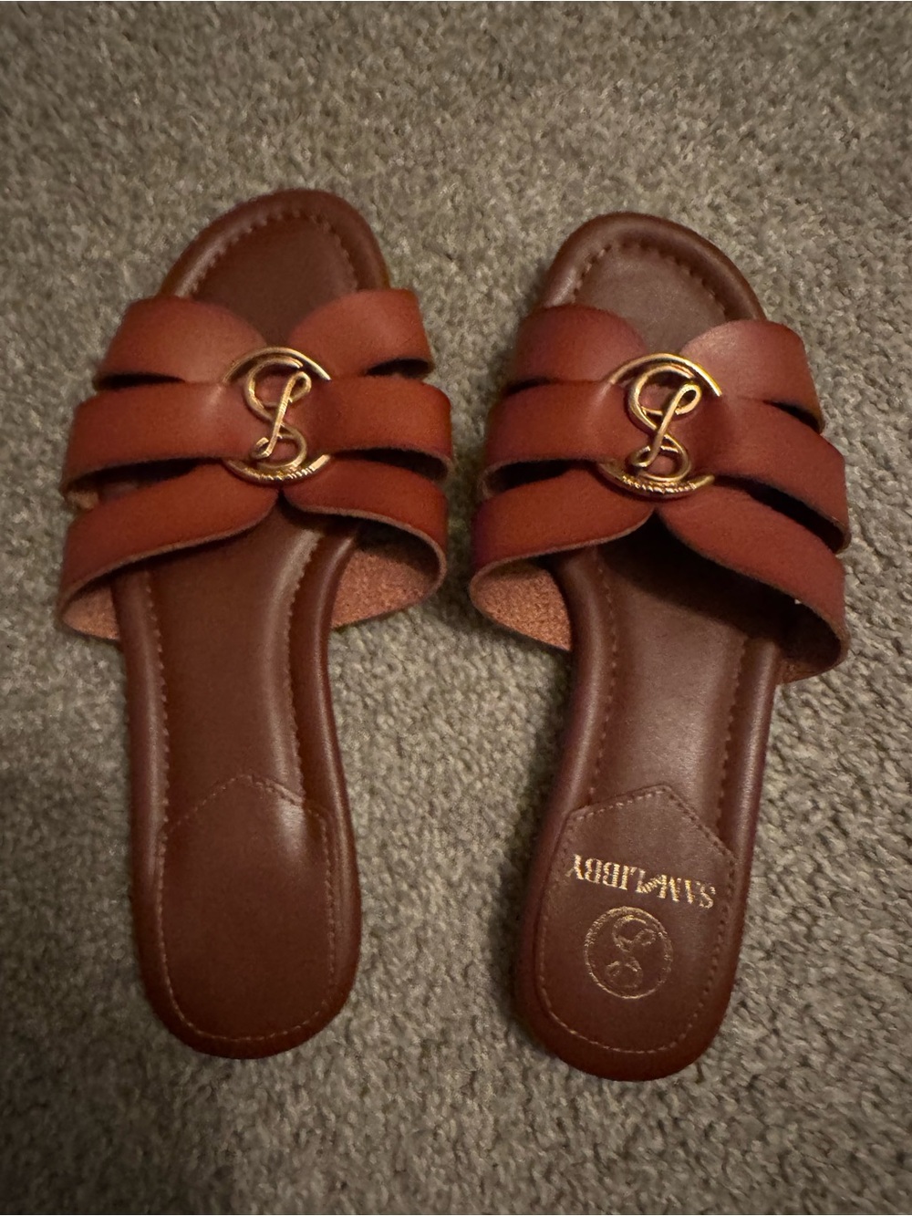 Brown Leather Slide Sandals with Gold Accent